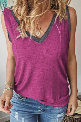 Rose Solid Color Contrast V Neckline Tank Top