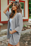 Grey Ribbed Open Front Knit Cardigan
