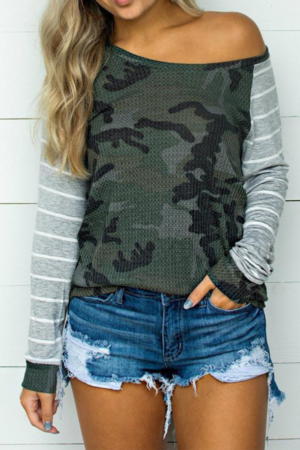 Camo Striped Splicing Casual Blouse