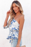 Sky Blue Floral One Shoulder Peplum Top