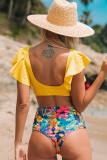 Yellow Floral Ruffled Hem High Waist Bikini Set