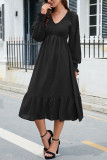 V Neck Smocked Swiss Dot Ruffles Midi Dress