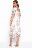 White Plus Size Crewneck Half Sleeve Floral Midi Dress