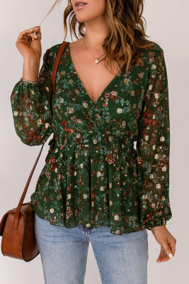 Green Floral Print Wrap V Neck Peplum Top