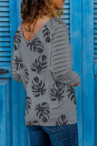 Gray Palm Leaves Patchwork Mesh Long Sleeve Top