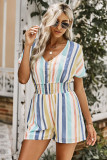 Striped Print V-neck Button Romper