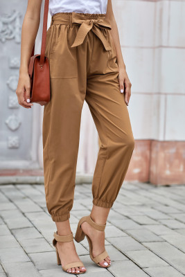 Khaki Solid Color Frock-style Pants with Belt