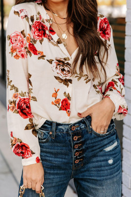 Beige Floral Print V Neck Button Down Blouse