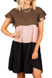 Khaki Ruffled Short Sleeve Colorblock Mini Dress