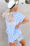 V Neck Stripes Roll up Sleeve Button Down Shirt