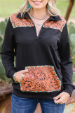 Black Zipped Turn-down Neck Vintage Floral Accent Pocketed Sweatshirt