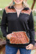 Black Zipped Turn-down Neck Vintage Floral Accent Pocketed Sweatshirt