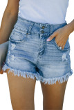 Light Blue Ripped Tasseled Hem Denim Shorts