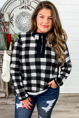 Plaid Print Mock Neck Long Sleeve Zipper Plus Size Sweatshirt