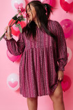 Wine Ditsy Floral Print Long Sleeve Plus Size Mini Dress