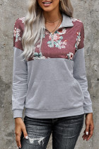 Floral Splice Grey Kangaroo Pocket Zip Collar Sweatshirt