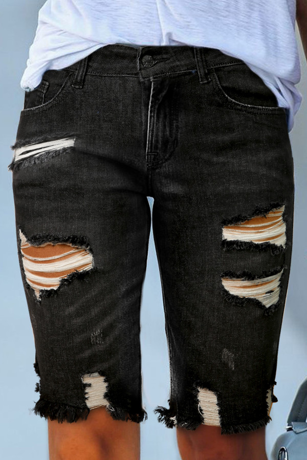 Black Ripped Tassel Bermuda Jean Shorts