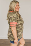 Camo Striped Print V Neck Plus Size Top