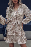 Spot Print V Neck Button Down Front Tie Mini Dress