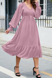 V Neck Smocked Swiss Dot Ruffles Midi Dress