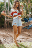 Multicolor Stripe V-Neck Ruffle Sleeve Ruched Top