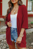 Red Ribbed Open Front Knit Cardigan