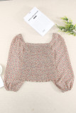 Apricot Square Neck Puff Sleeve Floral Smocked Top