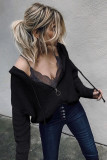 Black Zipper V-neck Dropped Sleeve Hooded Solid Sweater