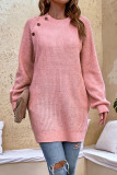 Plain Side Neck Buttons Long Length Knit Sweater Top