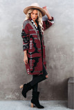 Wine Red Lapel Collar Geometric Print Knit Cardigan