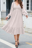 V Neck Smocked Swiss Dot Ruffles Midi Dress