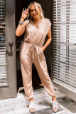 Brown Cheetah Print V Neck Cap Sleeve Jogger Jumpsuit