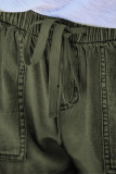 Green Casual Pocketed Frayed Denim Shorts