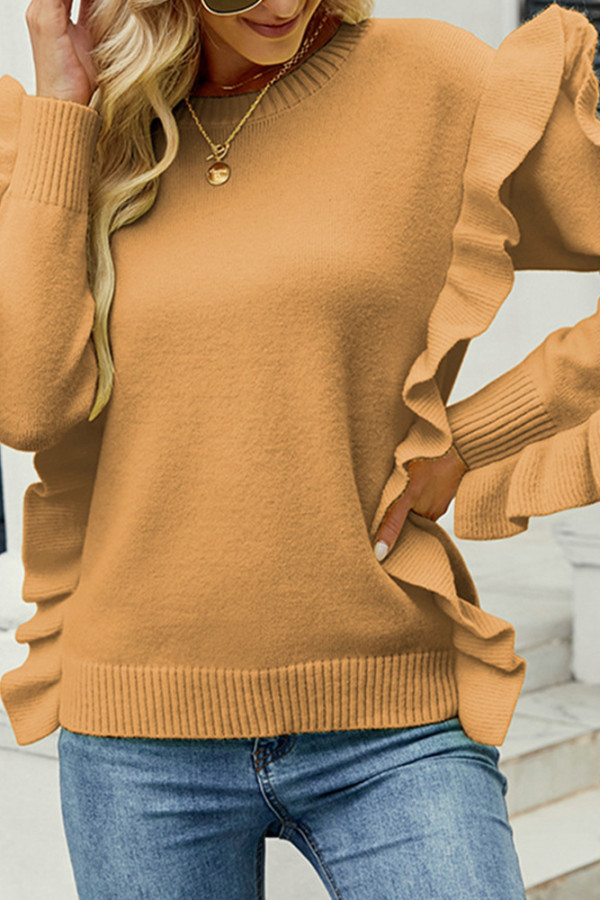 Plain Knitting Pullover Ruffle Sweater