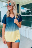 Blue Gradient Color Block V Neck T Shirt