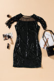 Black Sequin Mesh Patch Bodycon Mini Dress with Tassel