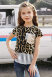 Leopard Print Splicing Stripes Girls’ T-shirt