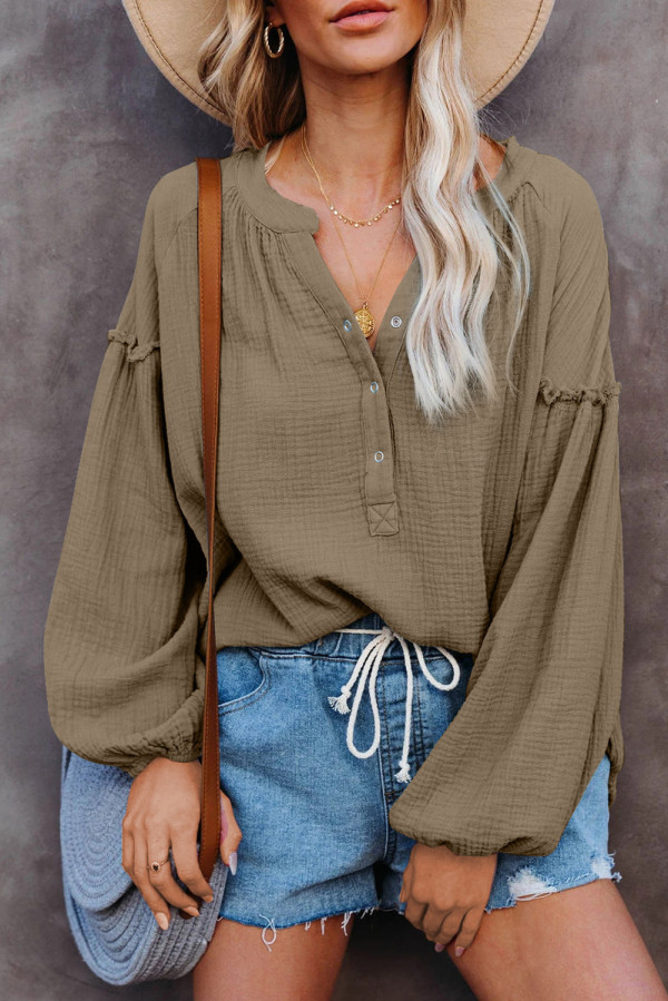 Green Casual Balloon Sleeve Crinkled Top