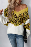 Leopard Splicing V Neck Long Sleeve Knit Sweater