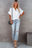 White Plaid Print Loose V Neck Short Sleeve Shirt with Slits