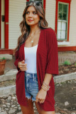 Red Ribbed Open Front Knit Cardigan