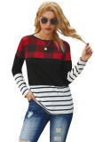 Red Plaid Splicing Striped Color Block Long Sleeve Top