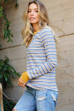 Striped Knit Button Neck Long Sleeve Top