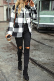 Lapel Button Up Pockets Fluffy Plaid Coat