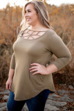 Brown 3/4 Sleeve Cut out Neckline Plus Size Top