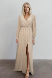 Apricot Side Split Rhinestone V Neck Maxi Dress