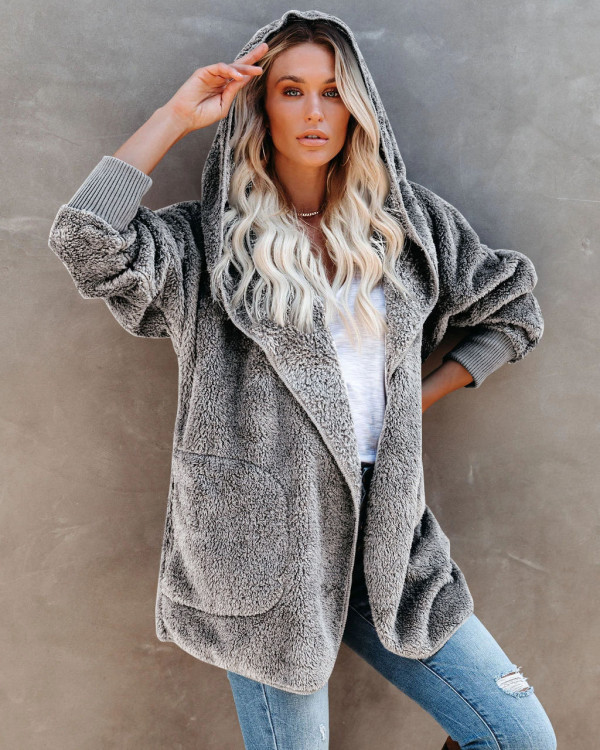 Hooded Plush Wool Coat With Pockets