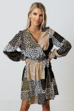 Leopard Color Block Surplice V Neck Mini Dress