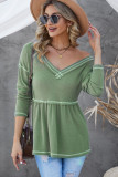 Green V Neck Long Sleeve Colorblock Waffle Babydoll Top