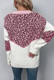 Leopard Splicing V Neck Long Sleeve Knit Sweater